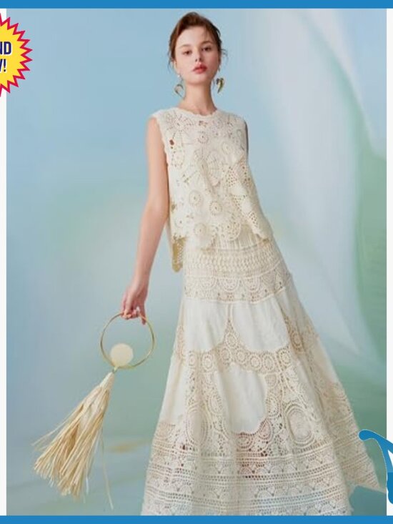 Crochet Maxi Skirt High Waist A-Line Floral Eyelet Lace Beach Cover Up - Picture 2 of 7